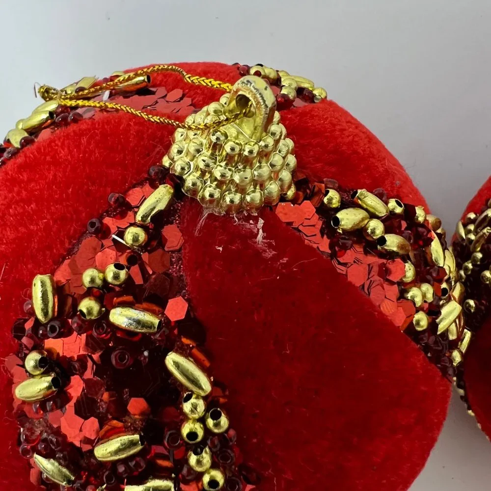 Pair Vntg Christmas Tree Ornaments Holiday Handmade Red Flocked Balls w/ Beads